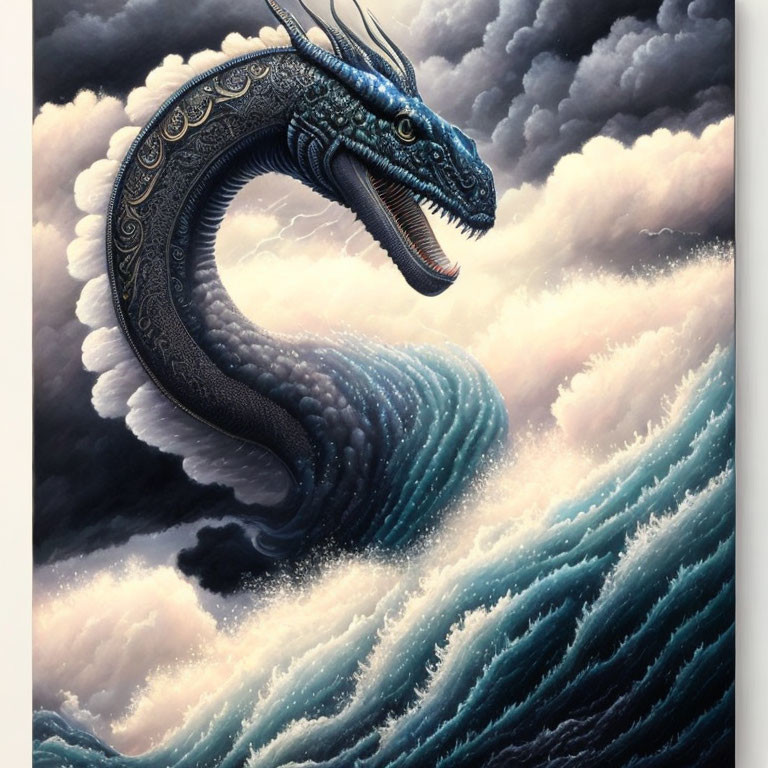 Detailed Blue Sea Dragon Emerging from Tumultuous Waves in Cloudy Sky