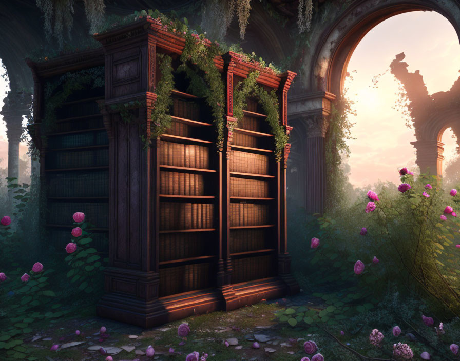 Ornate wooden bookshelf in mystical forest with pink flowers
