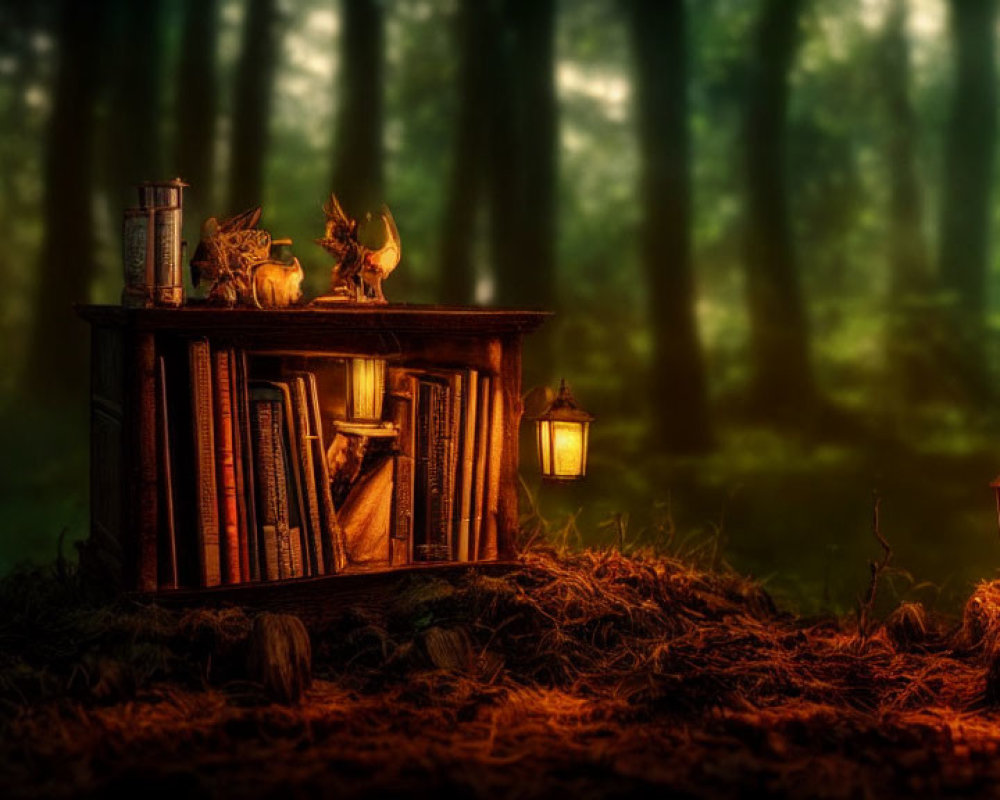 Enchanting bookshelf in mystical forest at dusk