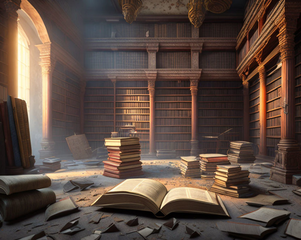 Dusty old library with towering bookshelves and open book on desk