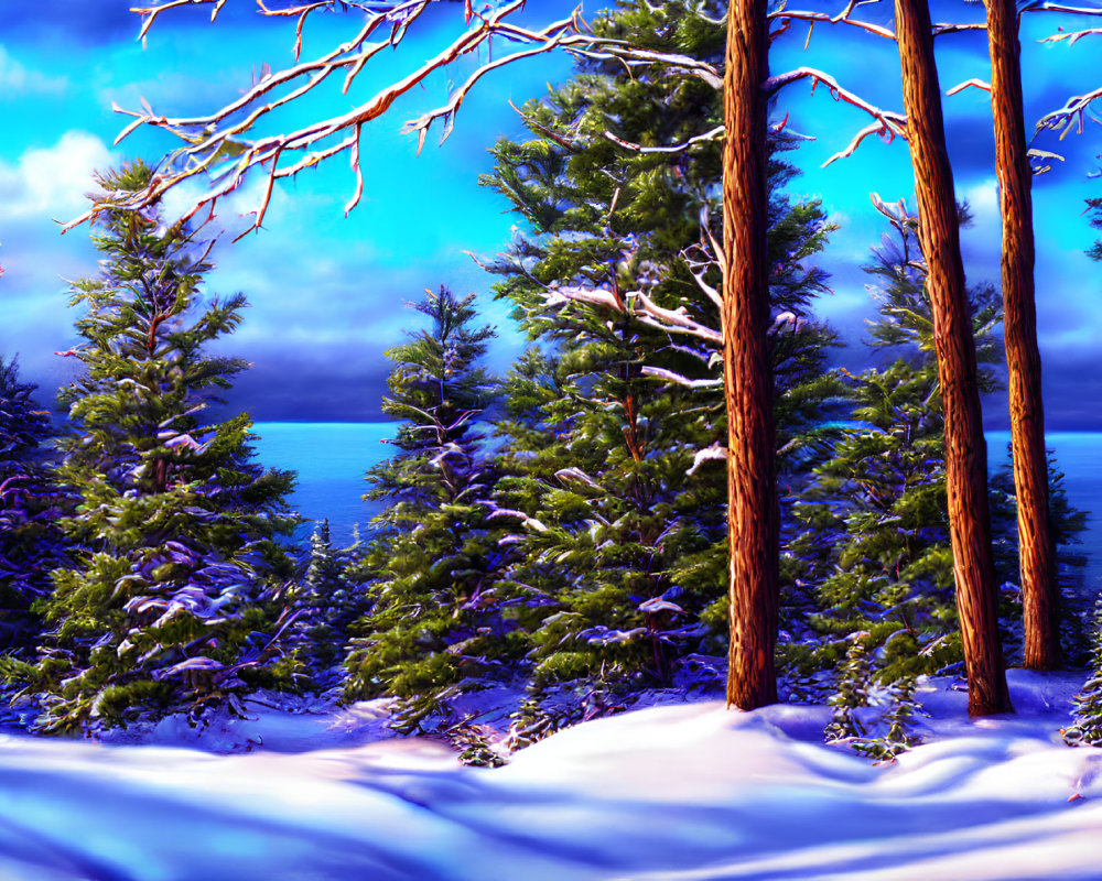 Snow-covered pine trees in serene winter landscape by tranquil blue sea