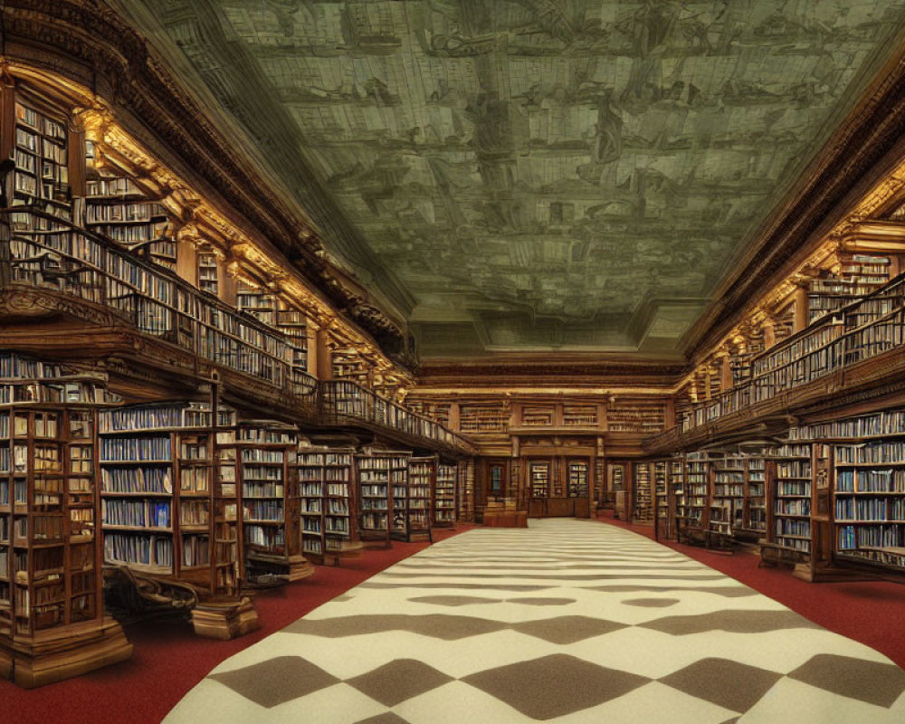 Ornate library with wood paneling, frescoes, book-lined shelves, and patterned carpet