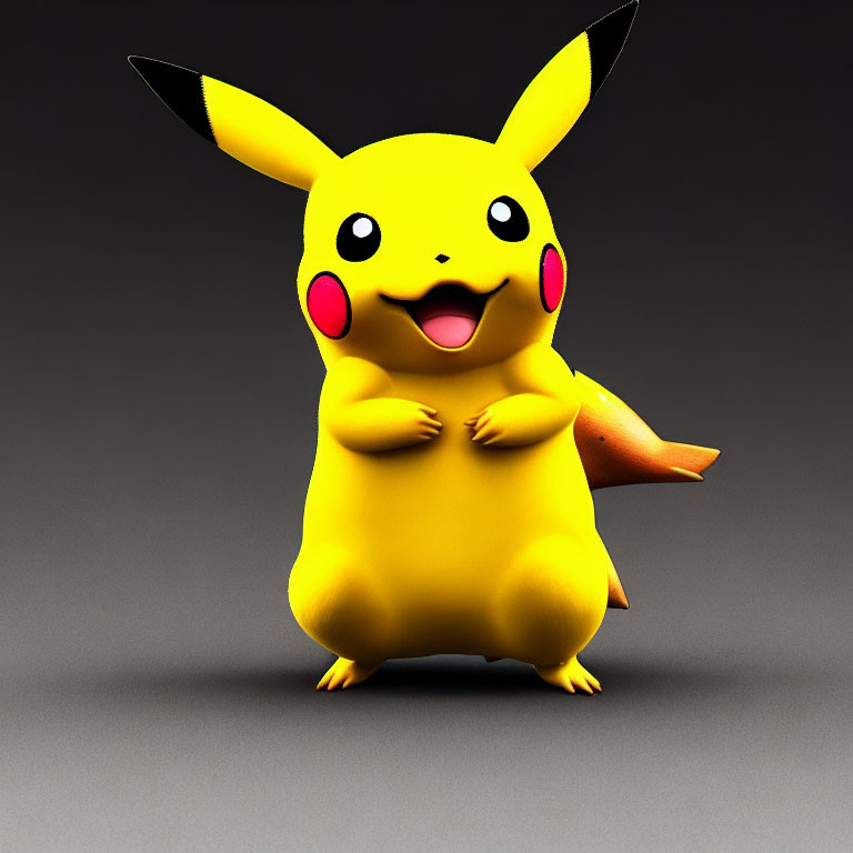 Yellow Pikachu 3D Rendering with Large Eyes and Cheeks on Grey Background