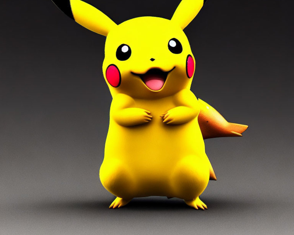 Yellow Pikachu 3D Rendering with Large Eyes and Cheeks on Grey Background