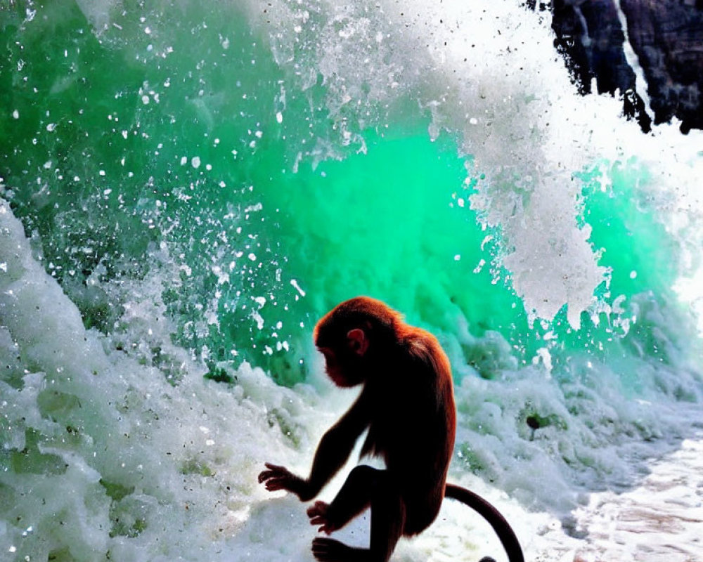 Monkey sitting on rock with green-tinted wave splash