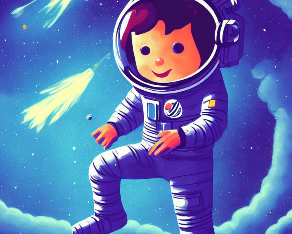 Cartoon astronaut with oversized head in space with comets