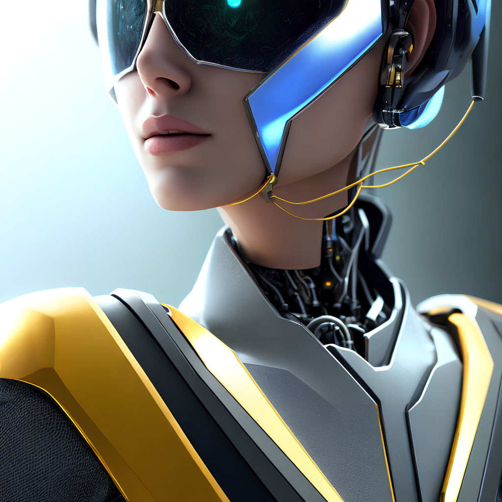 Futuristic female android with blue headgear and reflective glasses