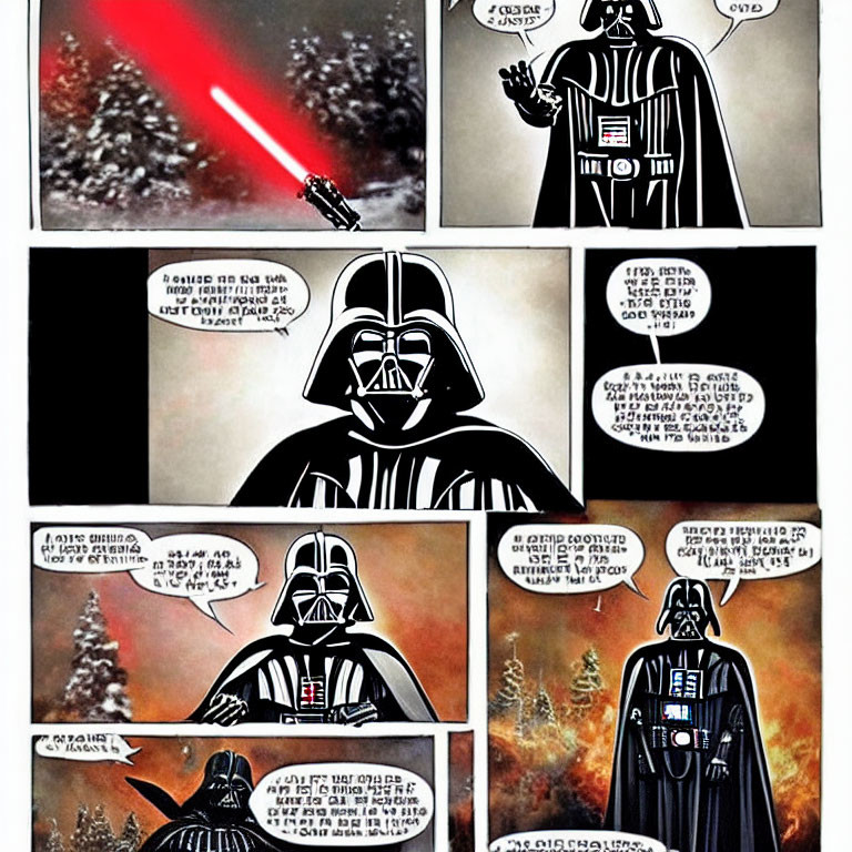Sci-fi Comic Strip: Darth Vader in Various Panels with Speech Bubbles, Space & Forest Backdrops