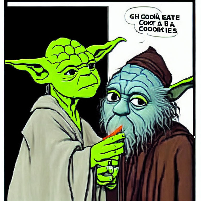 Illustration of characters resembling Yoda with cookie & humorous text corner