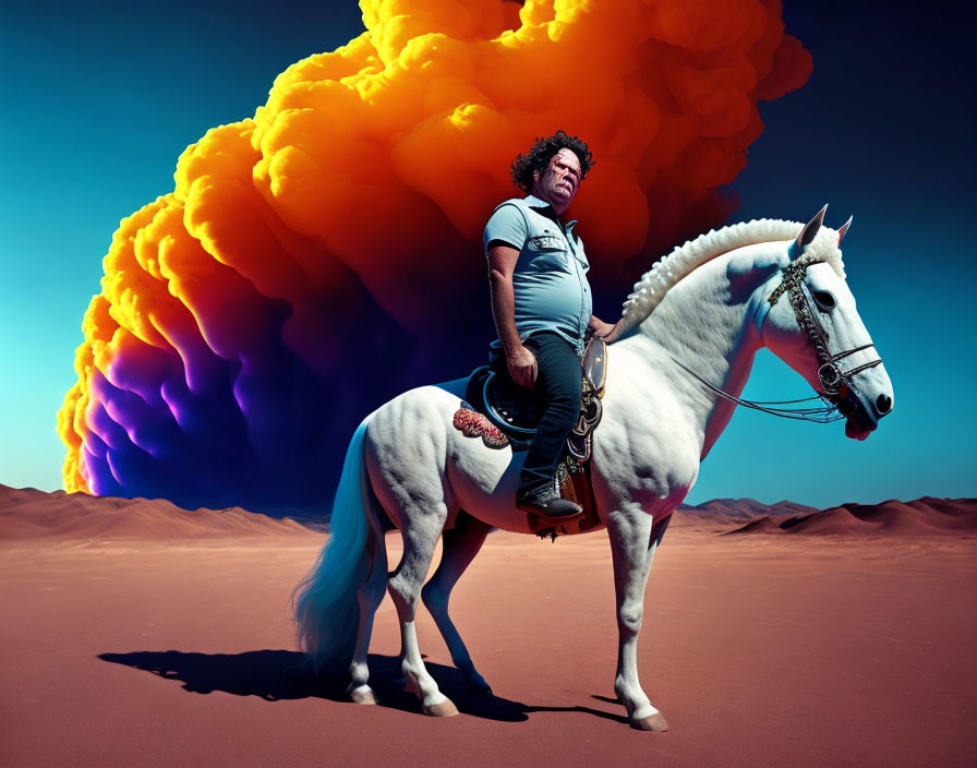 Person on White Horse with Multicolored Smoke Cloud in Desert