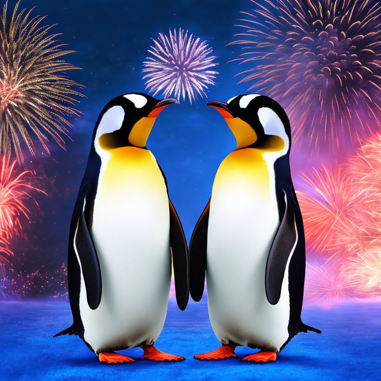 Animated penguins against colorful fireworks backdrop