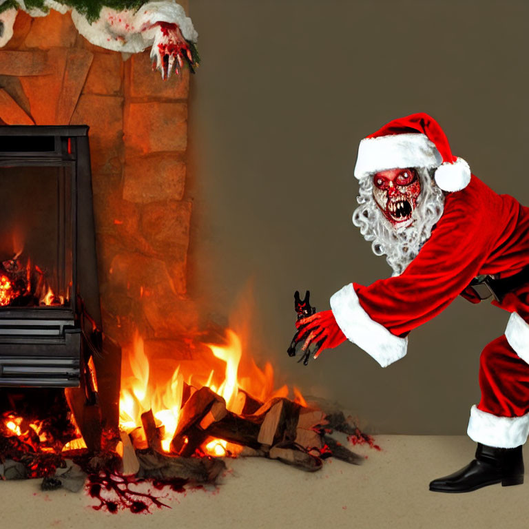 Zombie-like Santa Claus by fireplace with burnt hand and Christmas decorations