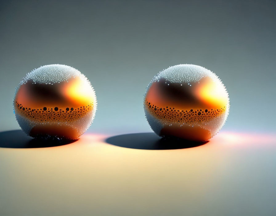 Translucent spheres with condensation droplets under warm light on gradient background