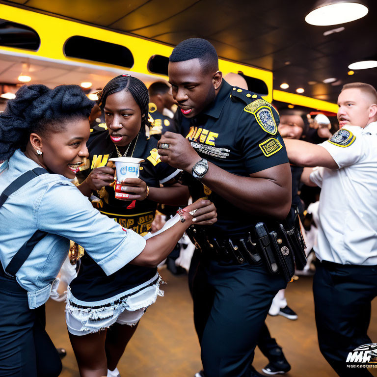 Police officers dancing with young women in crowded place.
