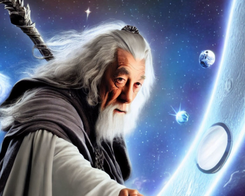 Elderly wizard with long beard holding sword in cosmic setting
