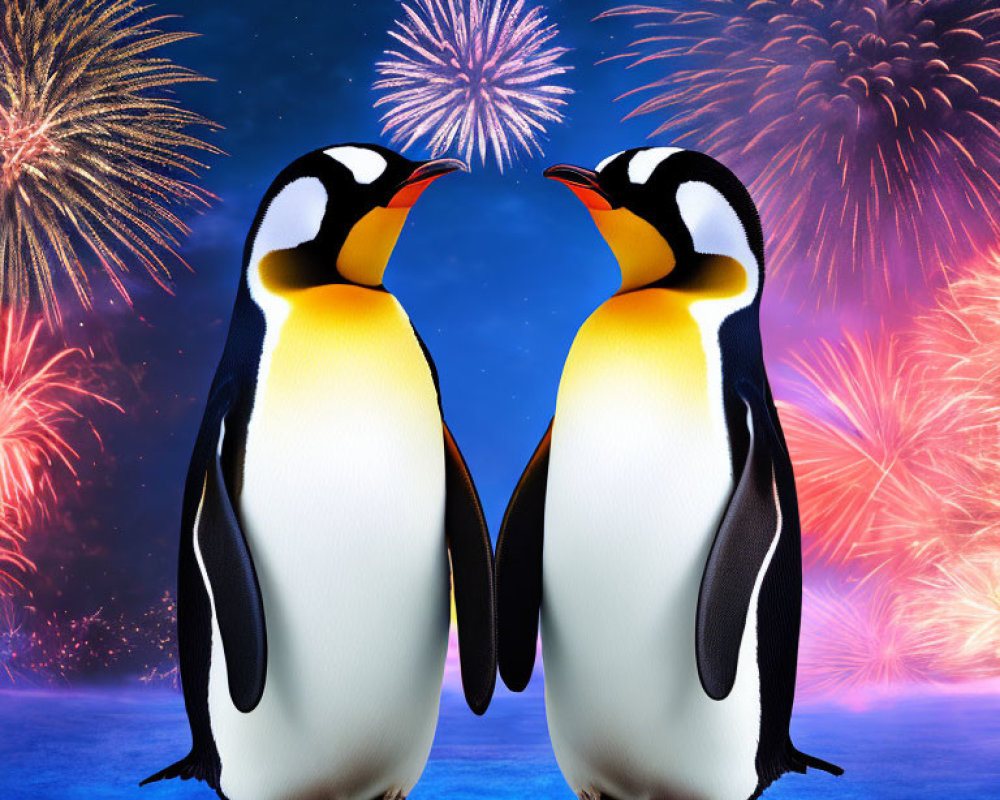 Animated penguins against colorful fireworks backdrop