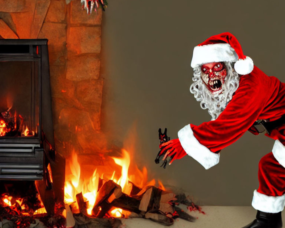 Zombie-like Santa Claus by fireplace with burnt hand and Christmas decorations