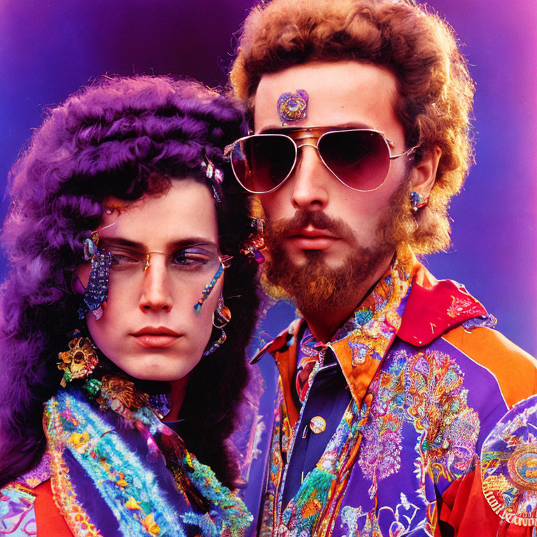 Two People in Retro Fashion Styles with Vibrant Colors and Bold Makeup