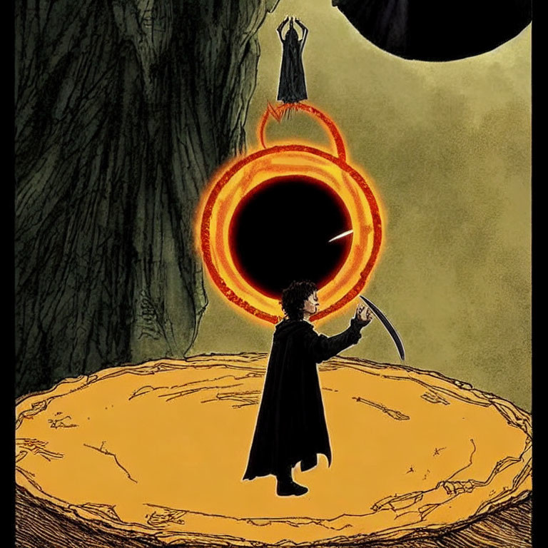 Character standing in front of portal with ominous figure in moonlit scene