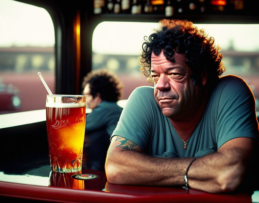 Curly-haired man with arm tattoo sitting at bar with beer glass