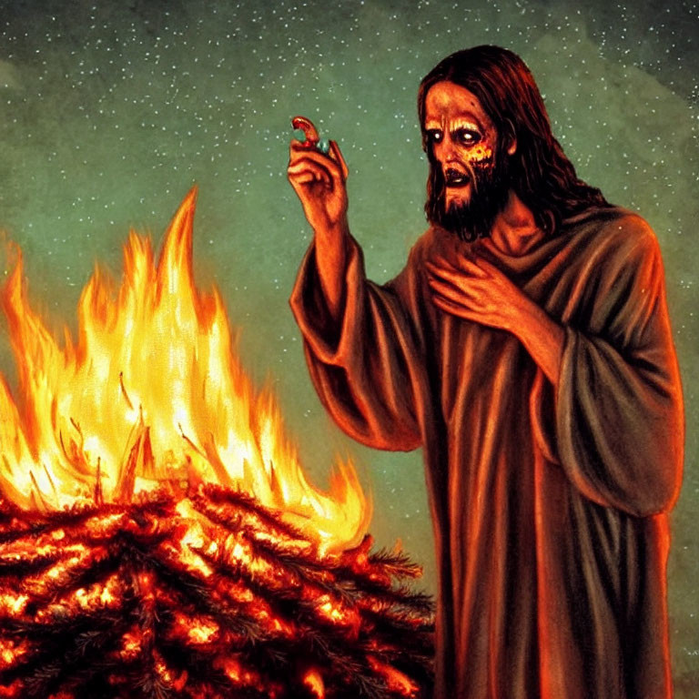 Bearded Man in Robes with Red Orb by Large Fire and Starry Night Sky