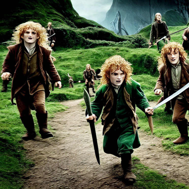 Four fantasy characters styled as hobbits with one holding a sword, running in grassy landscape