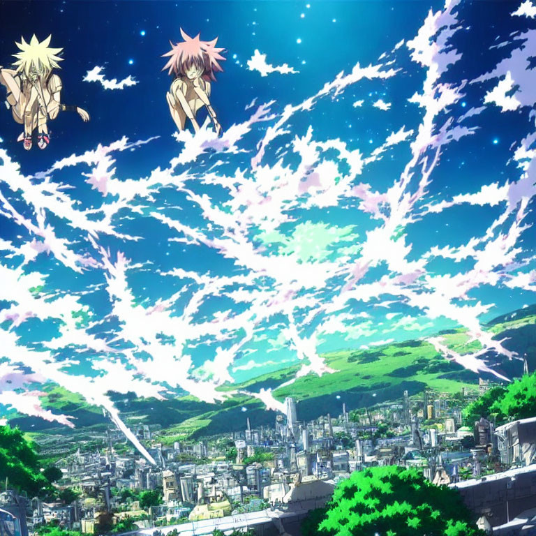 Blonde and Pink-Haired Anime Characters Soaring Over Vibrant Cityscape
