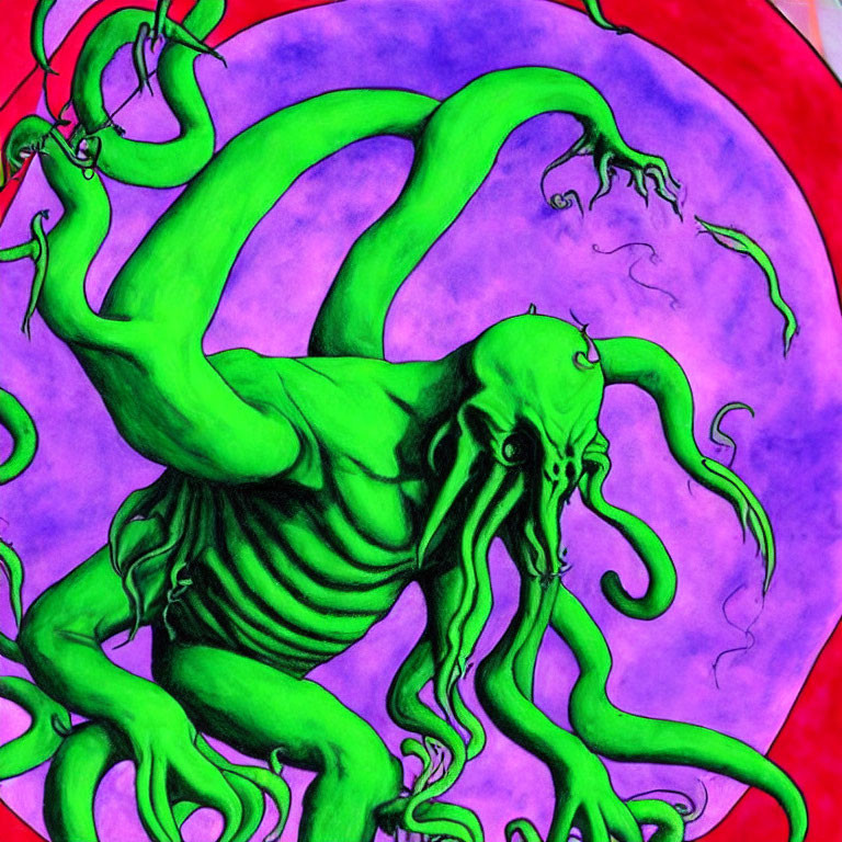 Green Octopus-Like Creature Illustration on Purple Background