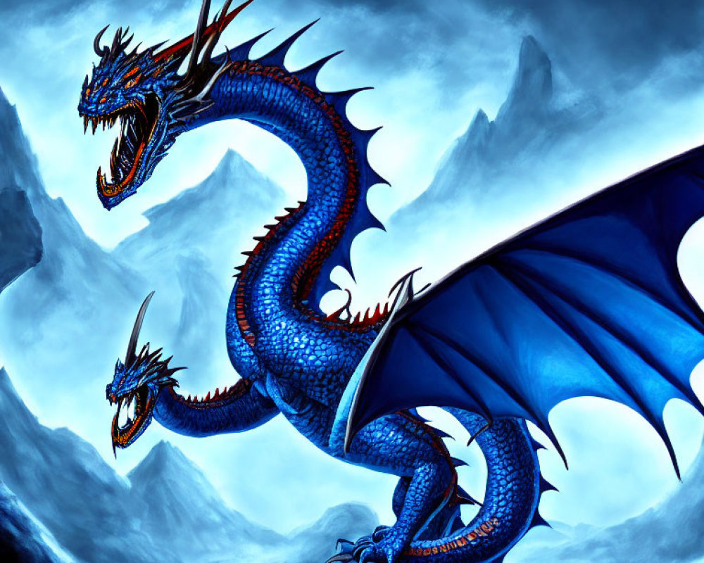 Blue Dragon with Large Wings and Sharp Horns in Stormy Mountainous Terrain