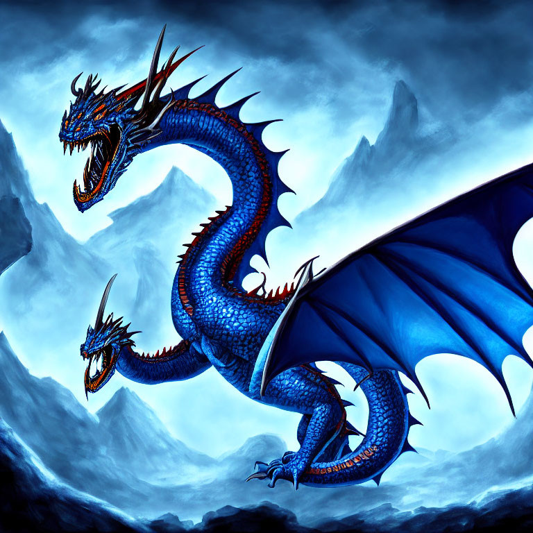 Blue Dragon with Large Wings and Sharp Horns in Stormy Mountainous Terrain