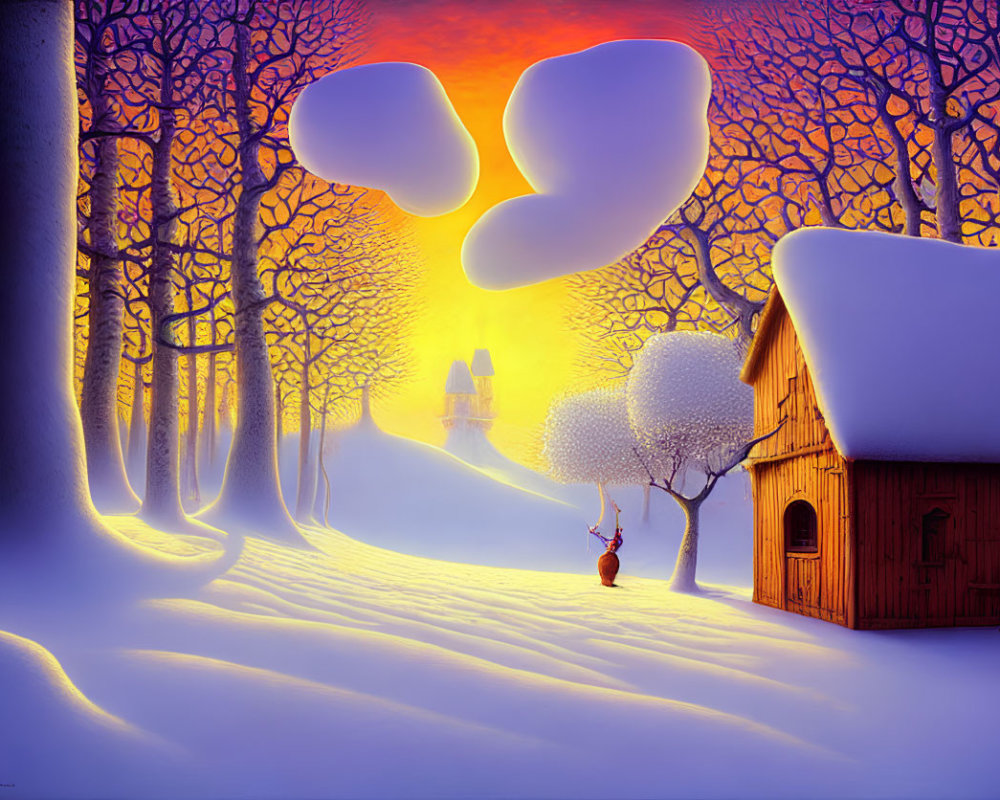Winter sunset with cozy cottage, figure, snow, and intricate trees.