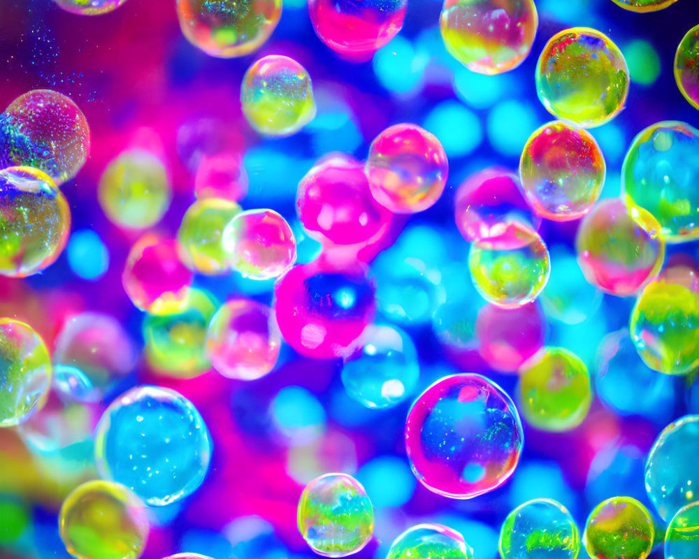 Vibrant translucent soap bubbles with blue, pink, and purple bokeh background