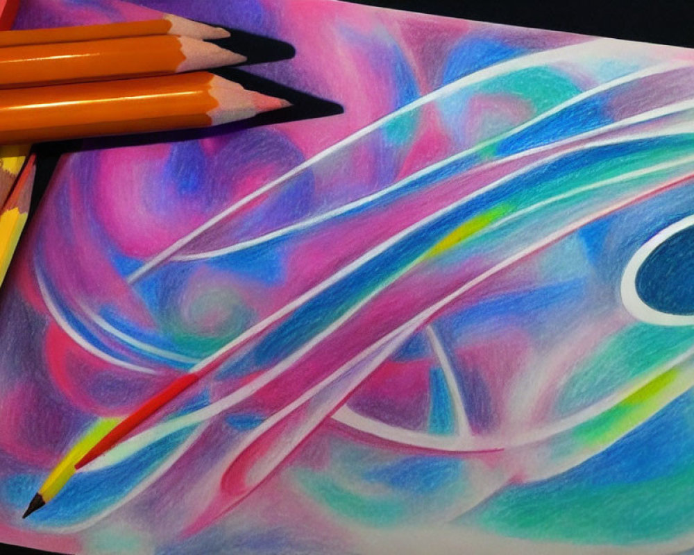 Colorful Abstract Drawing with Swirled Patterns in Pink, Blue, and Green