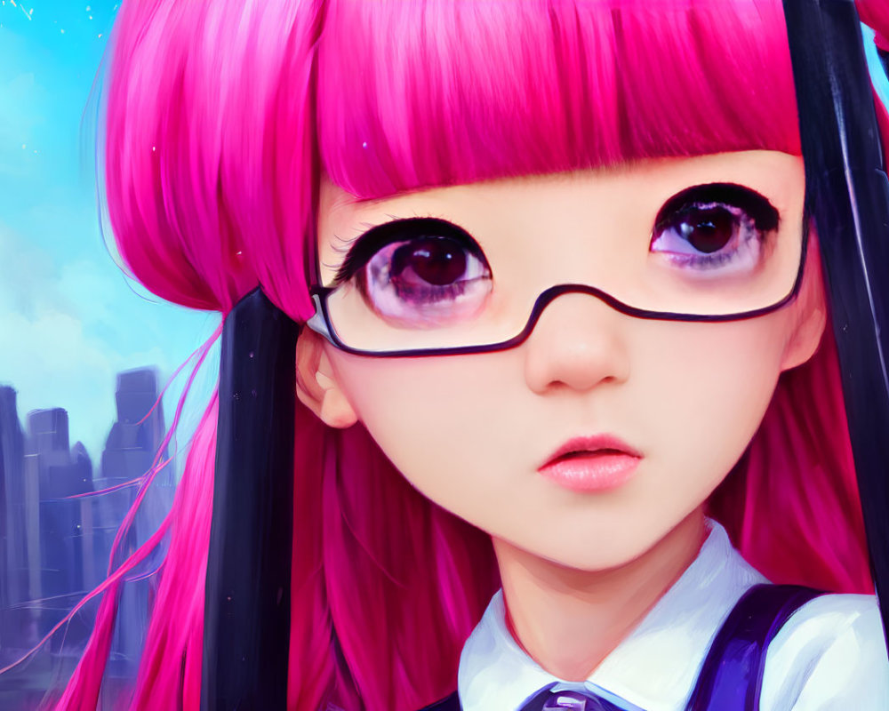Vibrant pink-haired girl in glasses and school uniform against cityscape.