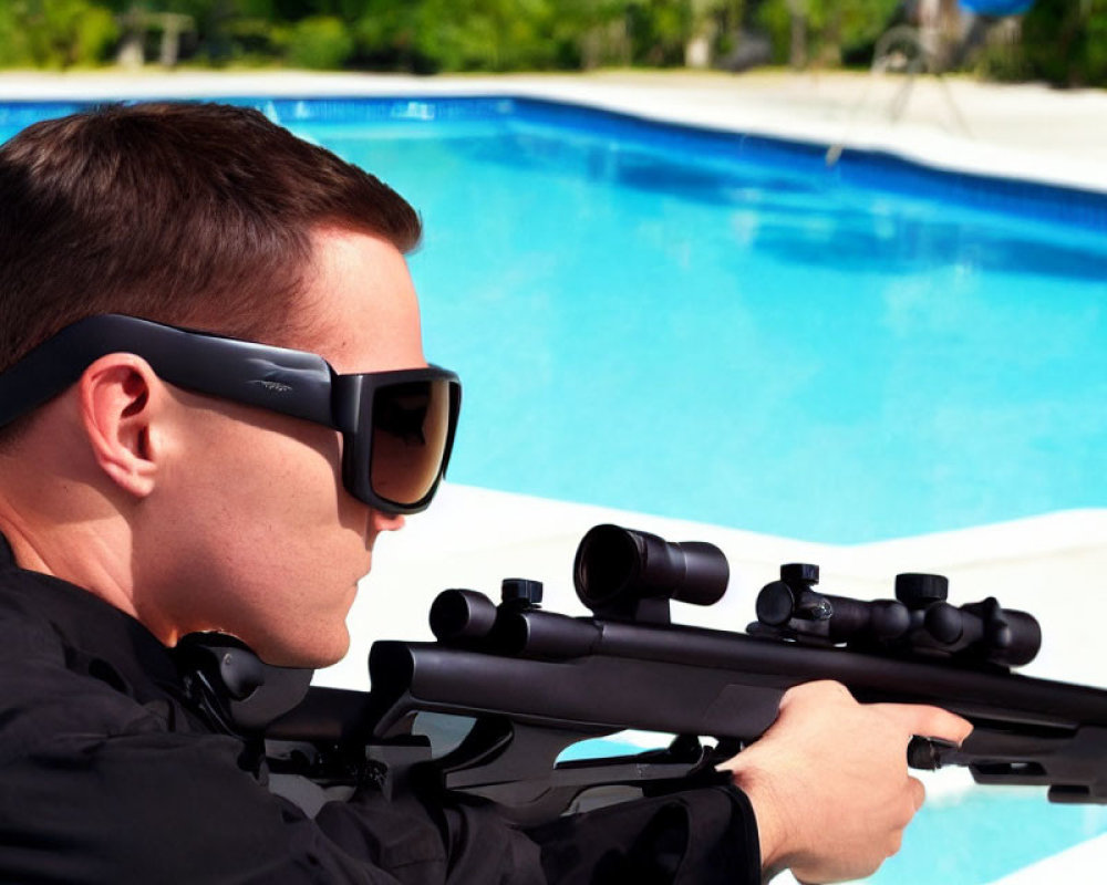 Man with Sunglasses and Headset Aiming Rifle by Swimming Pool
