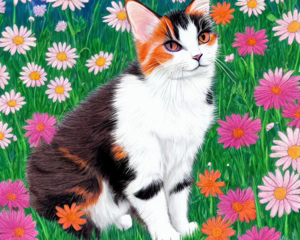 Calico Cat with Orange, Black, and White Fur in Field of Green Grass and Pink Dais