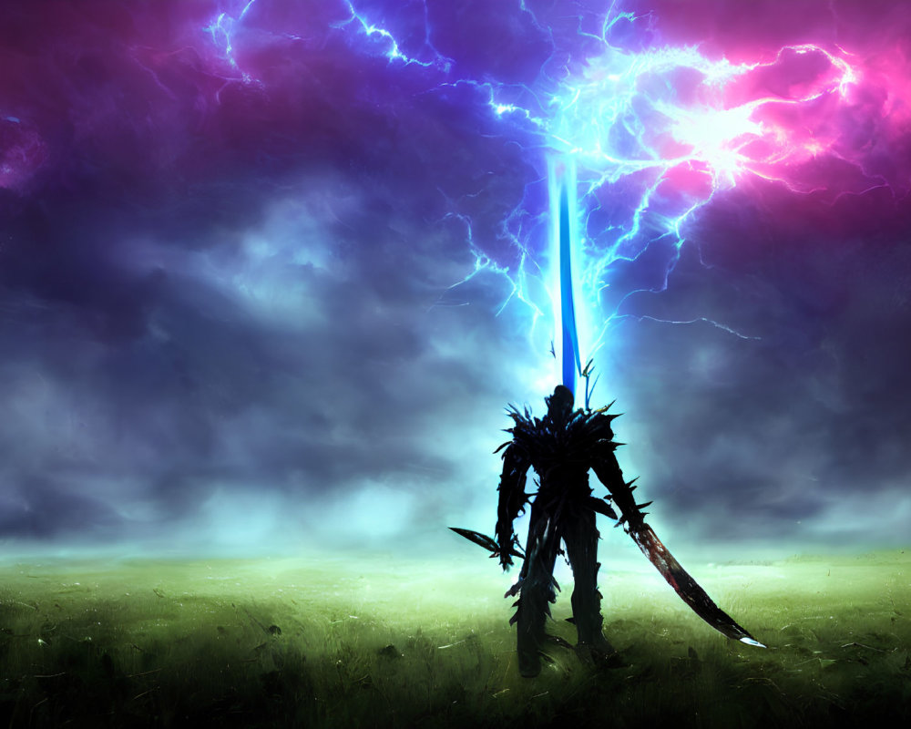 Silhouetted figure in armor with glowing sword under stormy sky