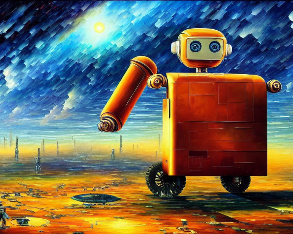 Colorful Illustration: Box-shaped orange robot in alien landscape