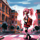 Bright Pink-Haired Girl in Pigtails Walking on City Brick Pathway