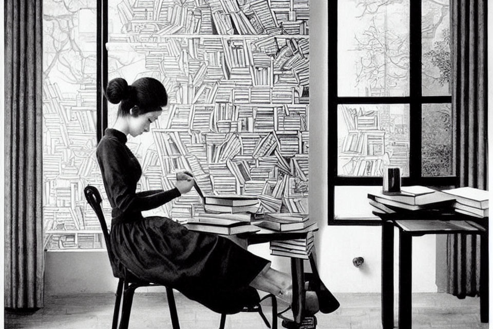 Woman writing at desk with artistic book depictions on walls
