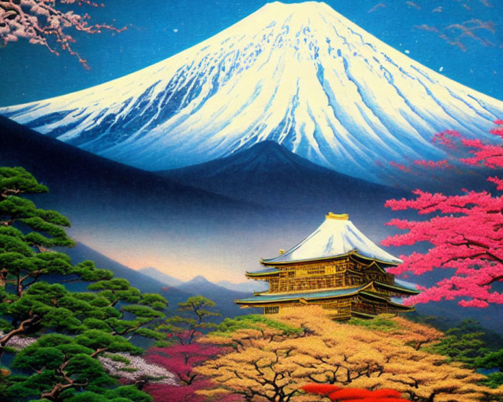 Scenic Mount Fuji with Pagoda and Cherry Blossoms in Full Bloom