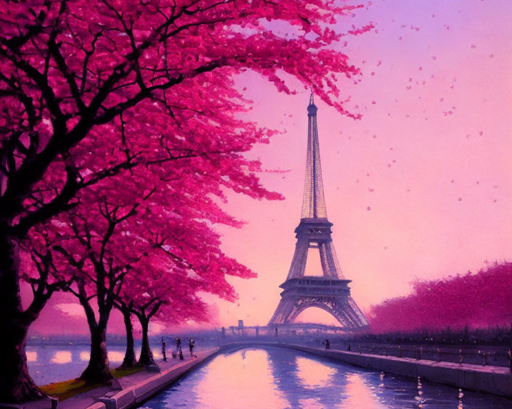 Eiffel Tower with pink cherry blossoms by a river
