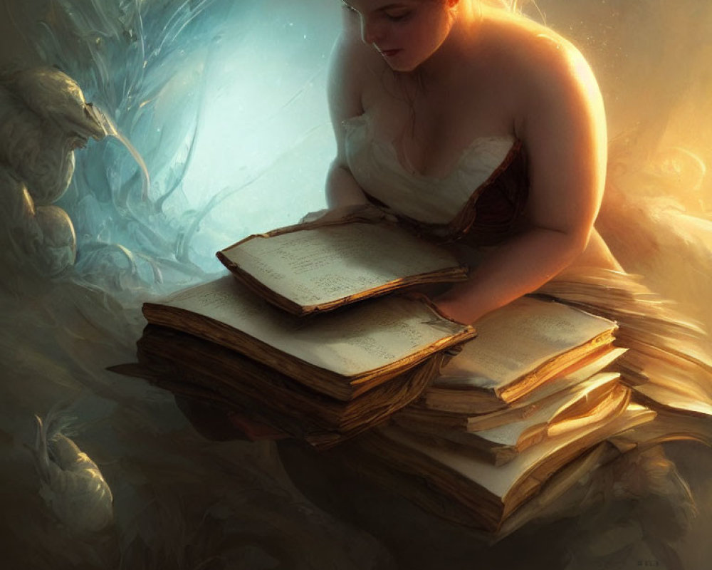 Woman reading old book in magical fantasy setting