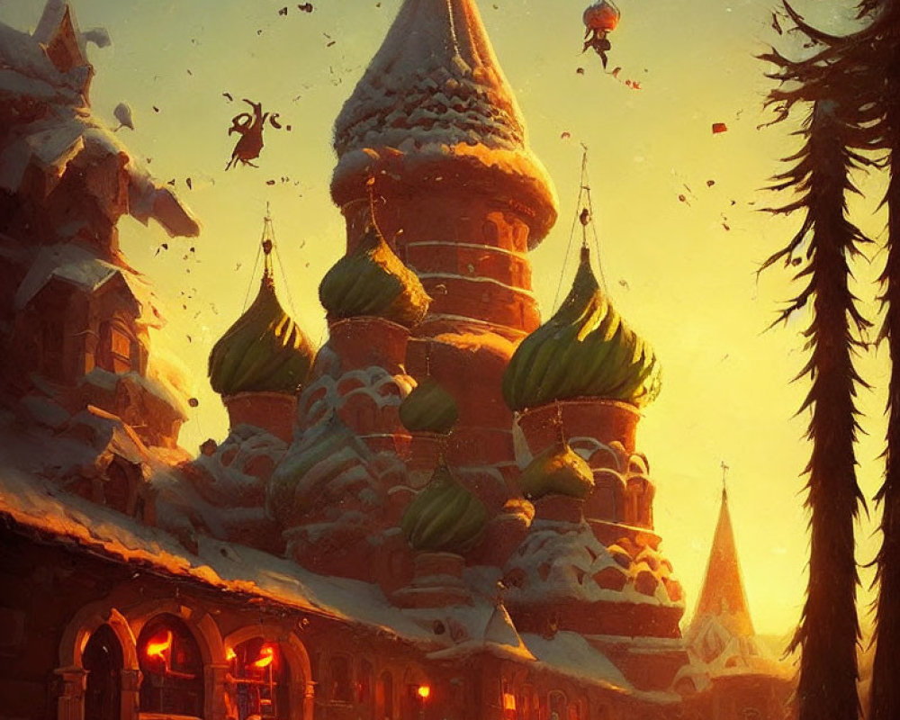 Snow-covered cathedral with onion domes glowing in twilight scene