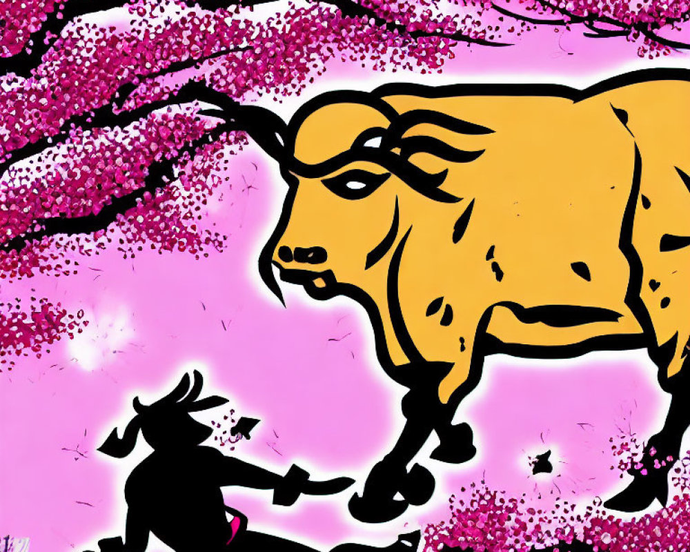 Golden bull and cherry blossom tree illustration on pink background