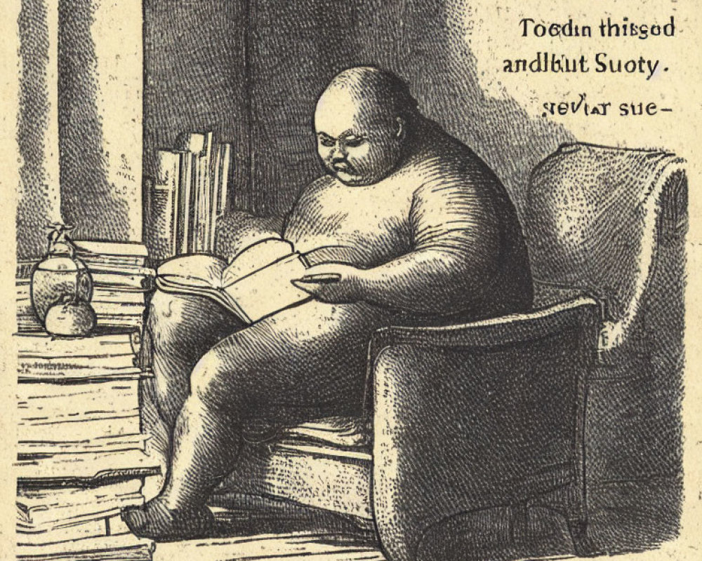 Rotund man reading book by window in antiquated room with text annotations