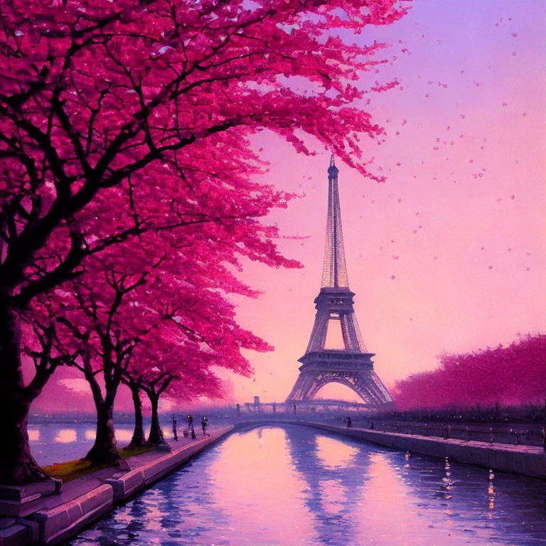 Eiffel Tower with pink cherry blossoms by a river