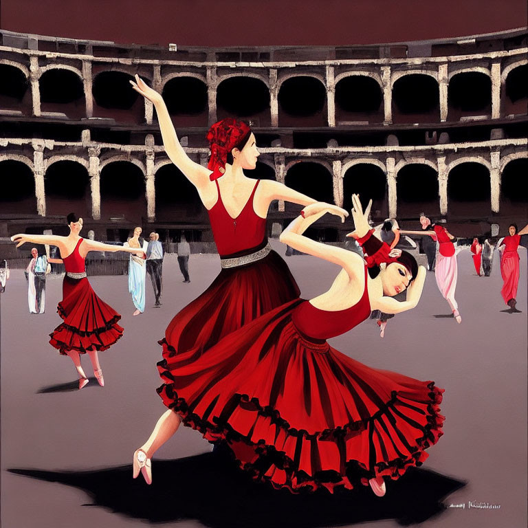 Vibrant painting of flamenco dancers in bullring spectacle