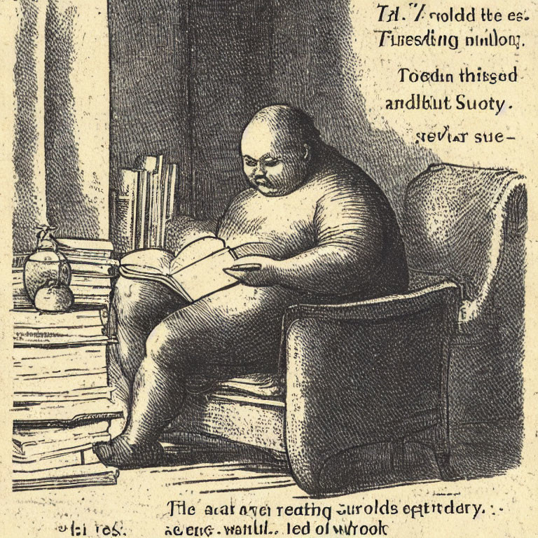 Rotund man reading book by window in antiquated room with text annotations