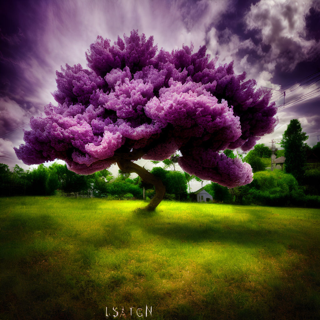 Purple-leaved tree in green field under dramatic sky with small house